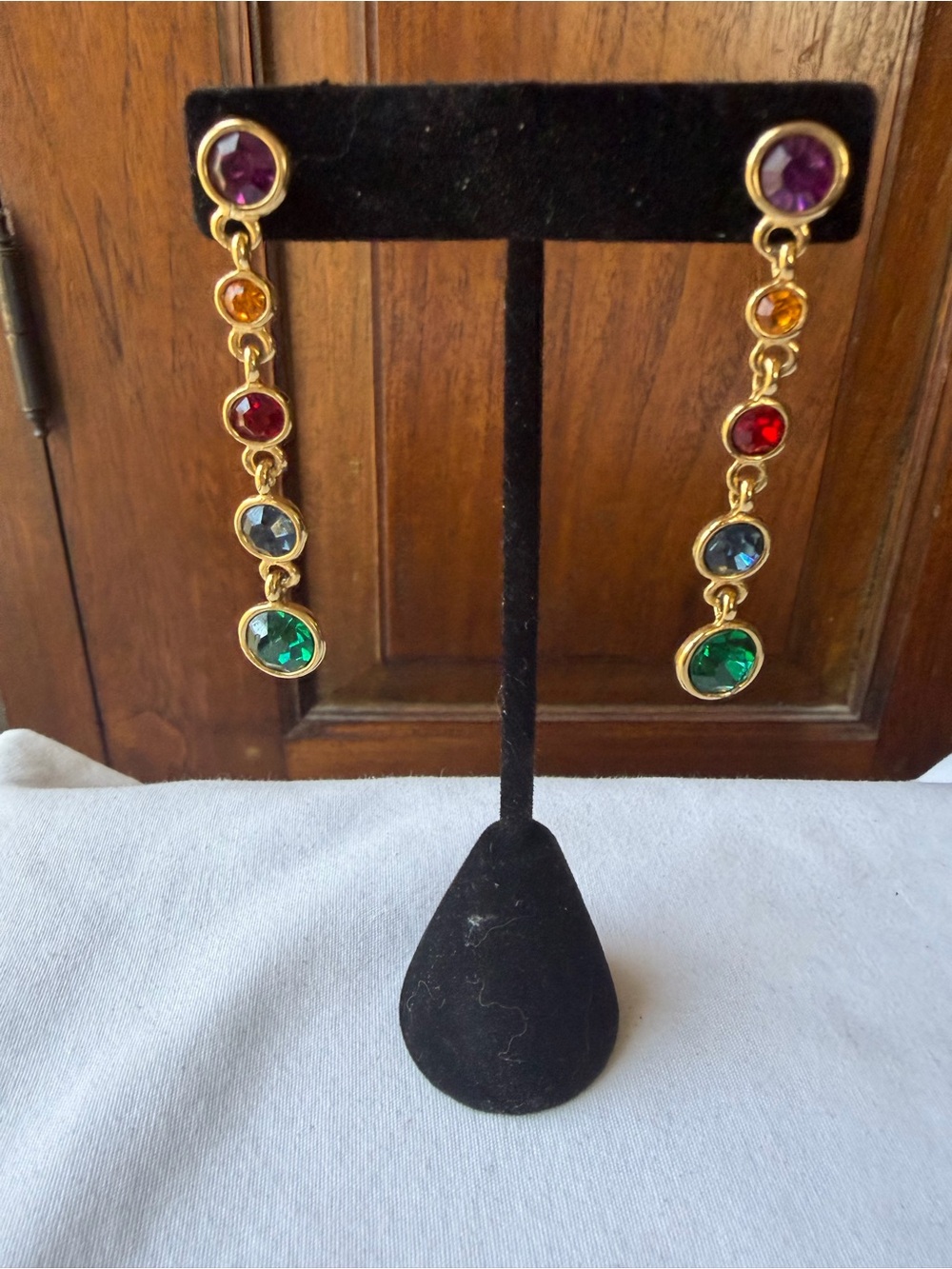 Gold Tone Multicolor Multi-Stone Crystal Long Drop Earrings Signed M